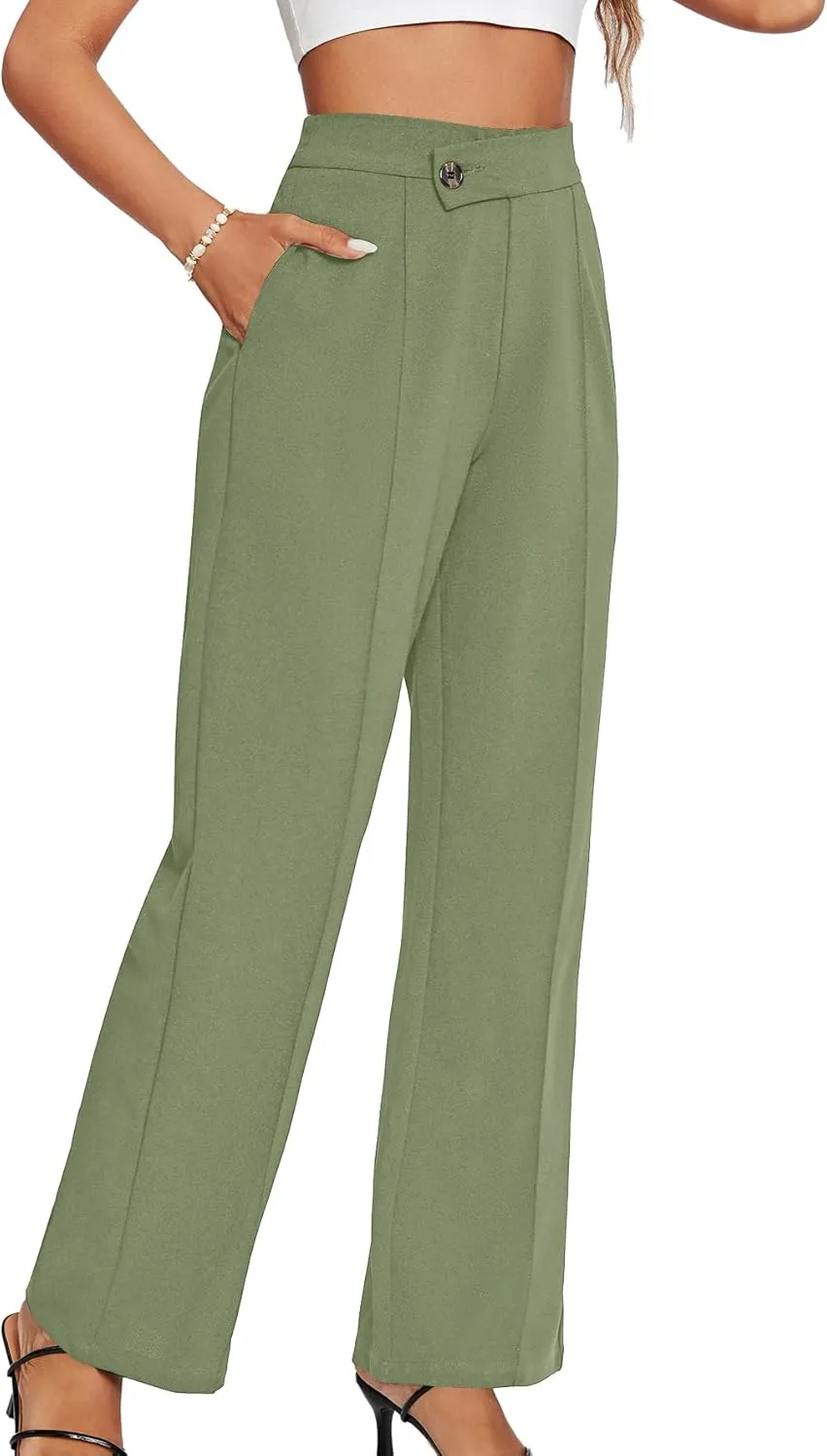 LYANER Women's High Waist Overlap Button Down Pants Wide Leg Business Work Long Pants Trousers with Pockets