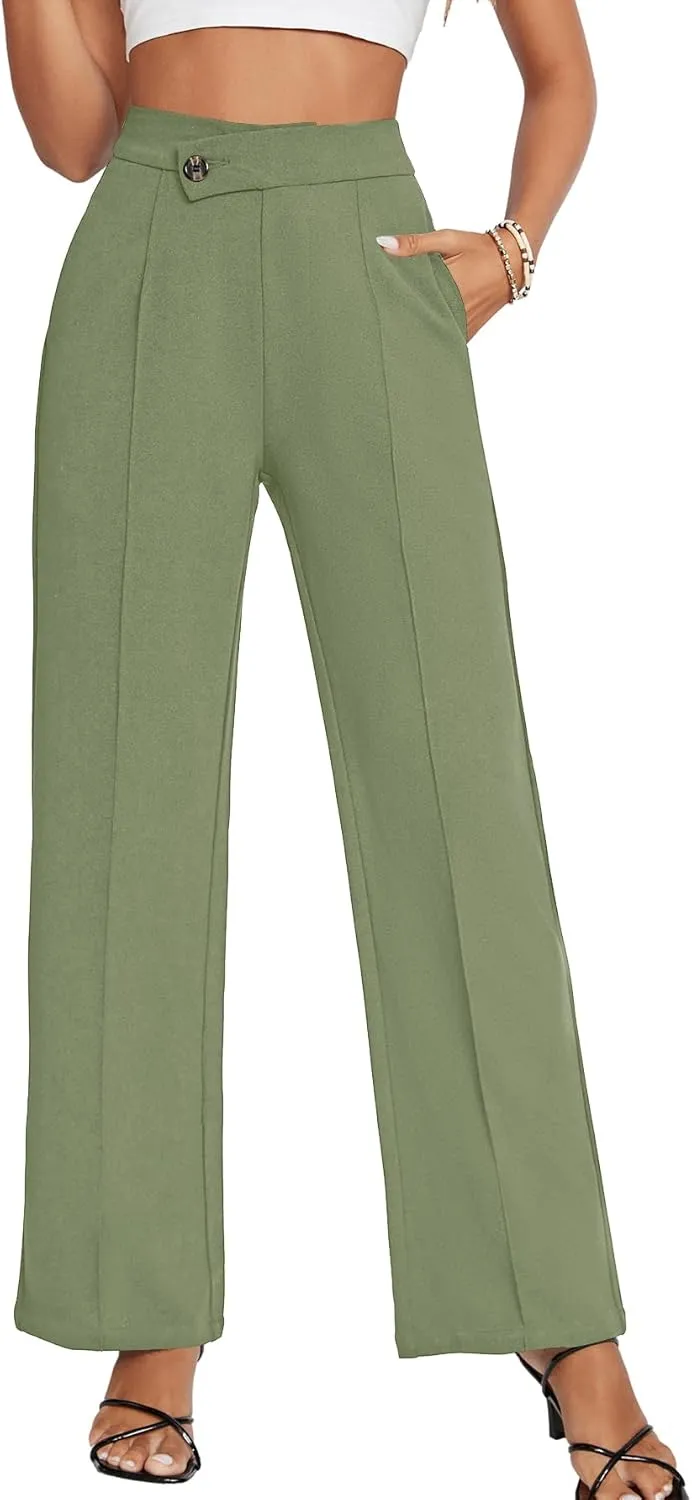 LYANER Women's High Waist Overlap Button Down Pants Wide Leg Business Work Long Pants Trousers with Pockets