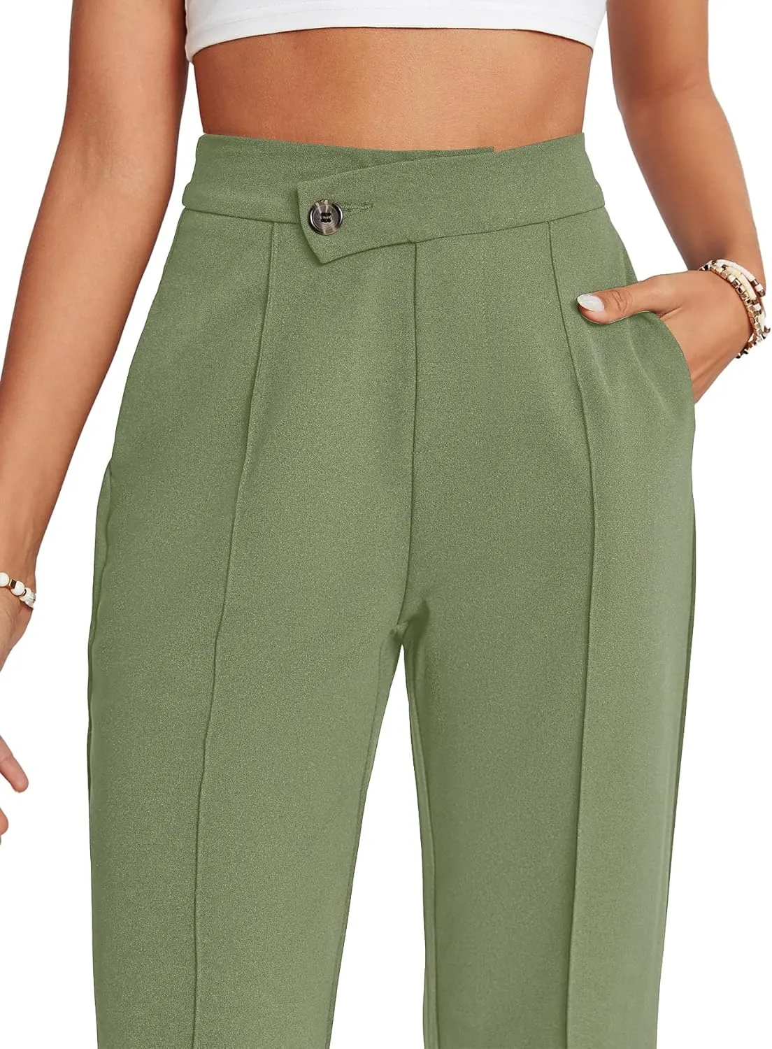 LYANER Women's High Waist Overlap Button Down Pants Wide Leg Business Work Long Pants Trousers with Pockets
