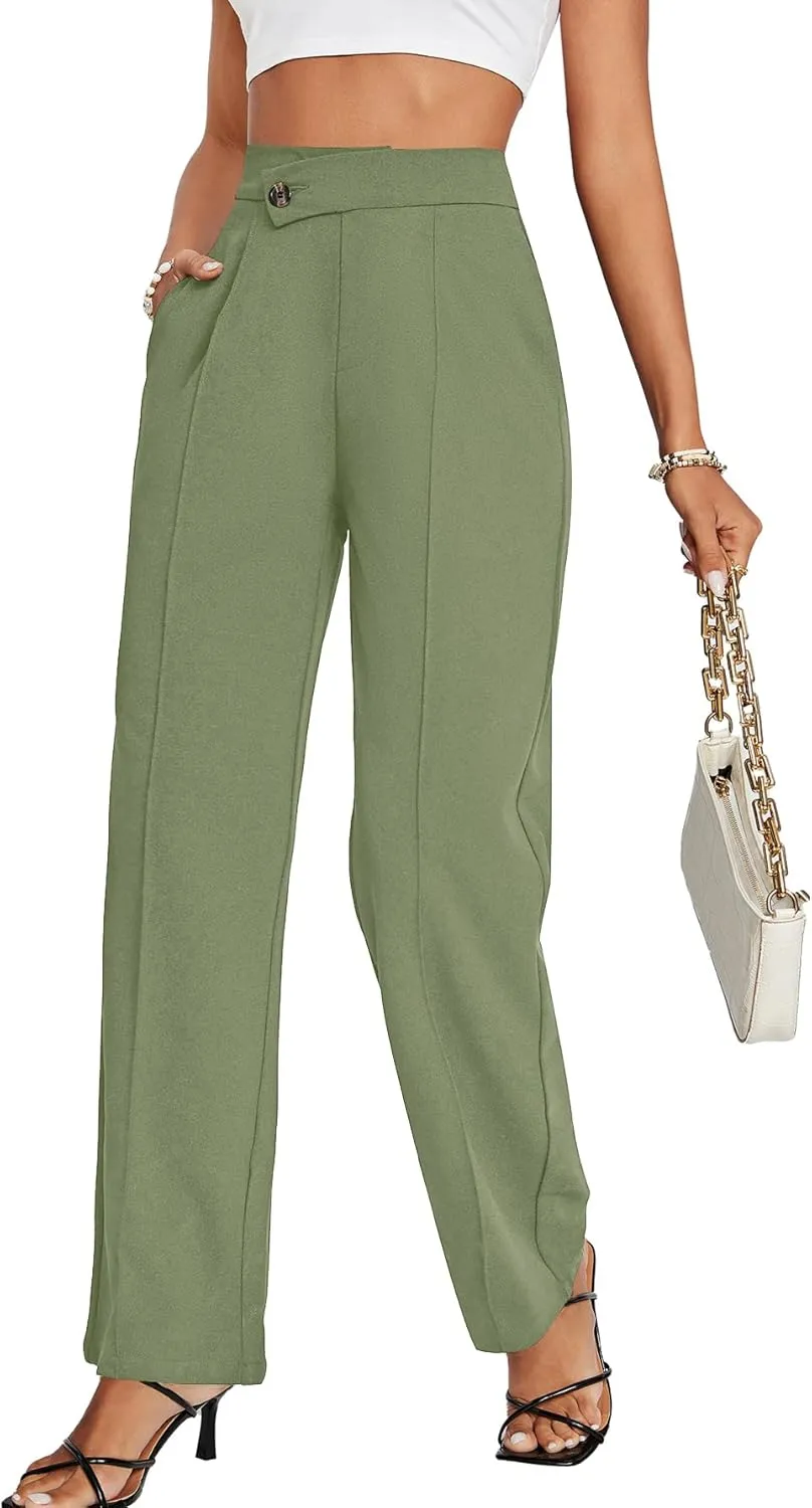 LYANER Women's High Waist Overlap Button Down Pants Wide Leg Business Work Long Pants Trousers with Pockets