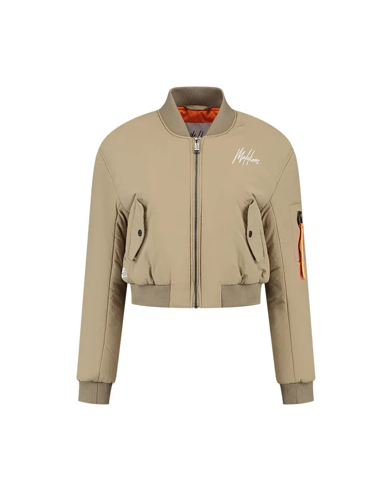 Malelions Women Cropped Bomber Jacket | Taupe