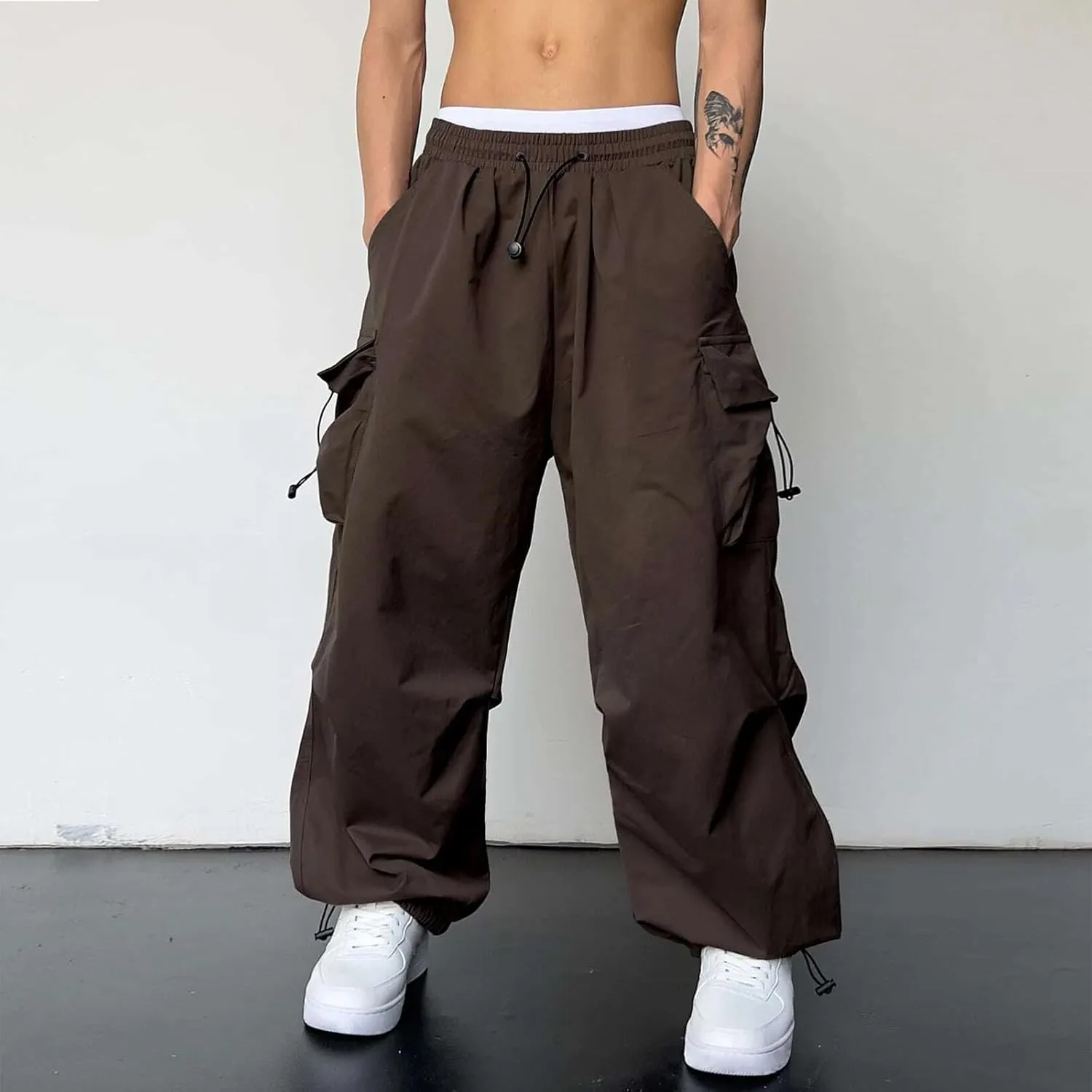 Men's Baggy Cargo Pants Drawstring Casual Y2K Parachute Pants Loose Fit Harem Joggers with Pockets