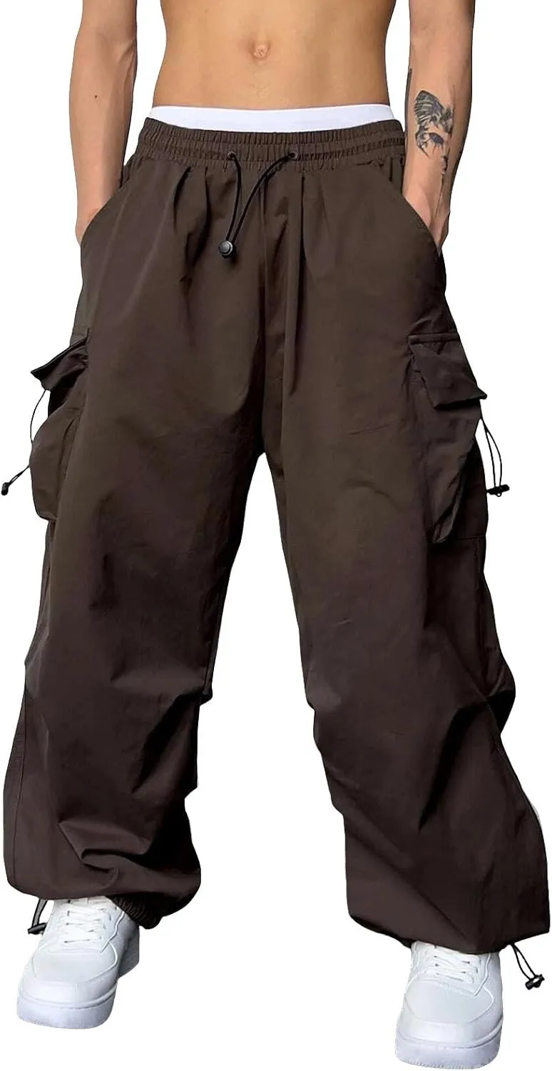 Men's Baggy Cargo Pants Drawstring Casual Y2K Parachute Pants Loose Fit Harem Joggers with Pockets