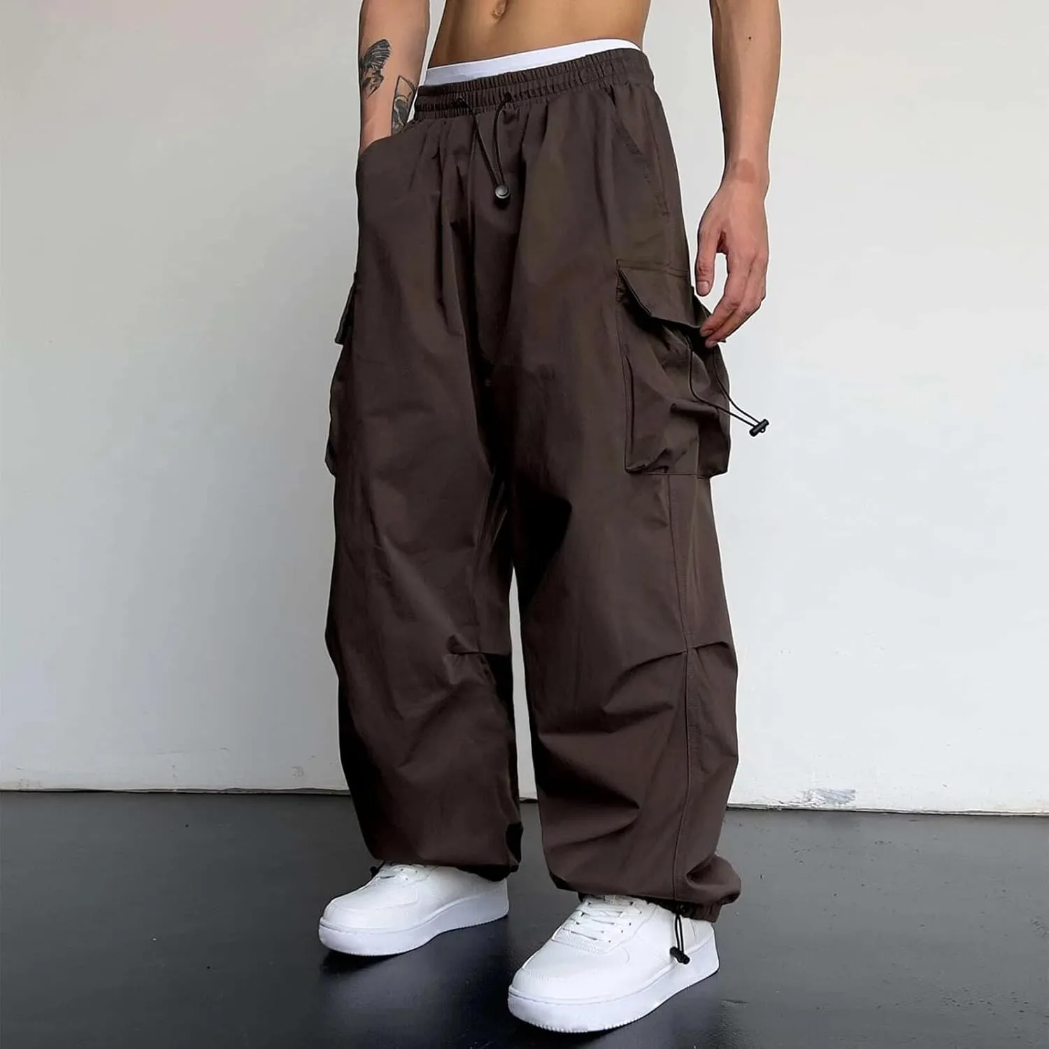 Men's Baggy Cargo Pants Drawstring Casual Y2K Parachute Pants Loose Fit Harem Joggers with Pockets