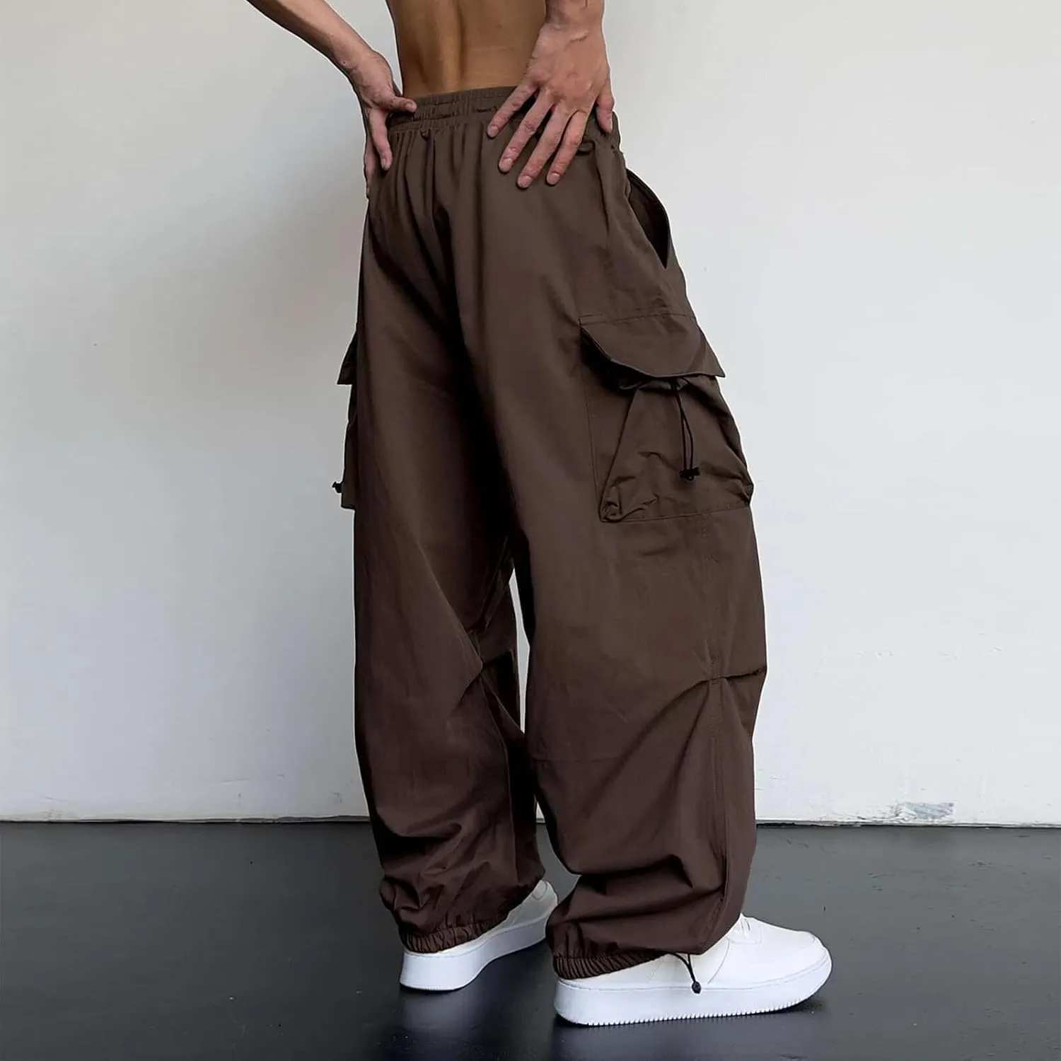 Men's Baggy Cargo Pants Drawstring Casual Y2K Parachute Pants Loose Fit Harem Joggers with Pockets