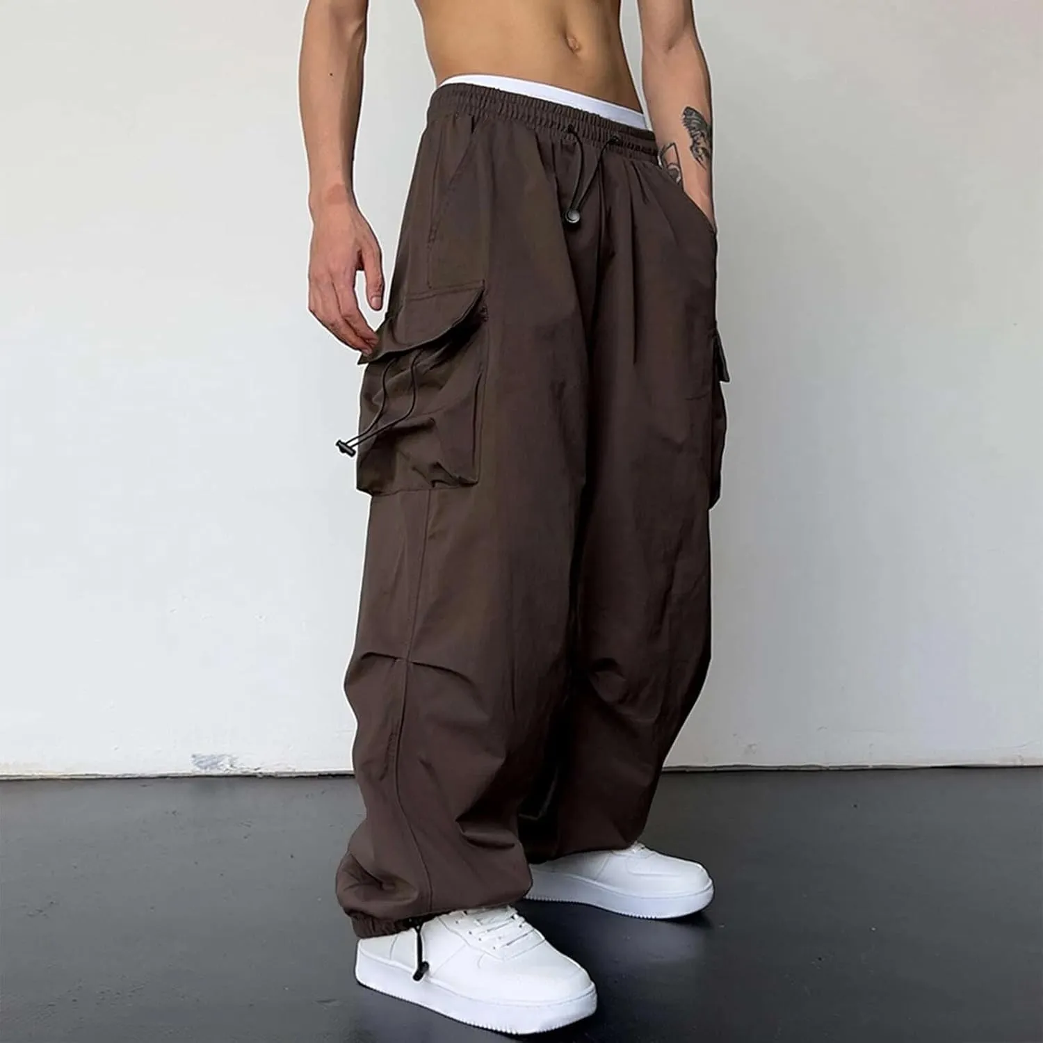 Men's Baggy Cargo Pants Drawstring Casual Y2K Parachute Pants Loose Fit Harem Joggers with Pockets