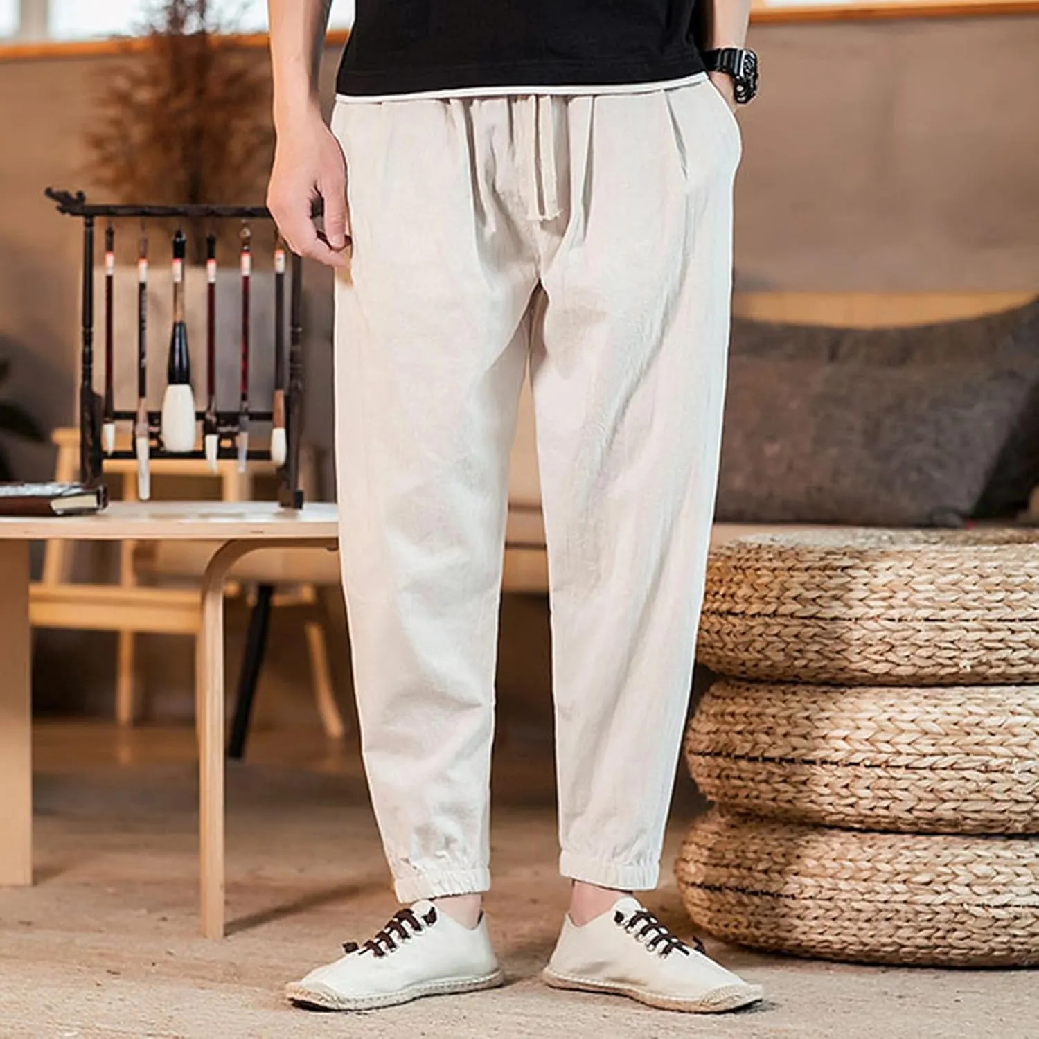 Mens Classic Casual Pants Workout Athletic Pants Parachute Tapered Cotton Linen Sweatpants Hiking Jogger Fashion Pant