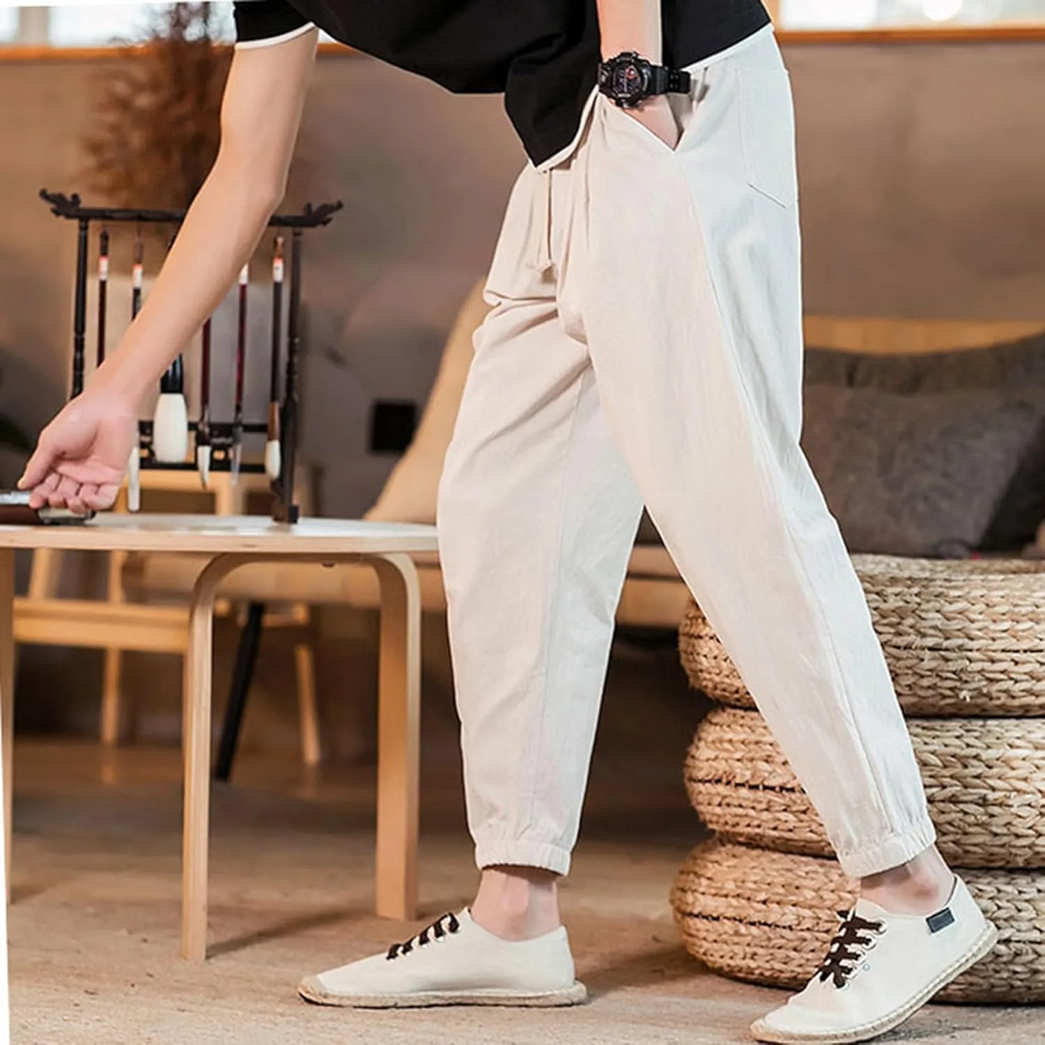 Mens Classic Casual Pants Workout Athletic Pants Parachute Tapered Cotton Linen Sweatpants Hiking Jogger Fashion Pant