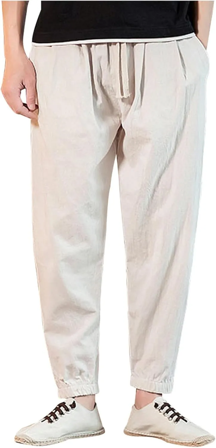 Mens Classic Casual Pants Workout Athletic Pants Parachute Tapered Cotton Linen Sweatpants Hiking Jogger Fashion Pant