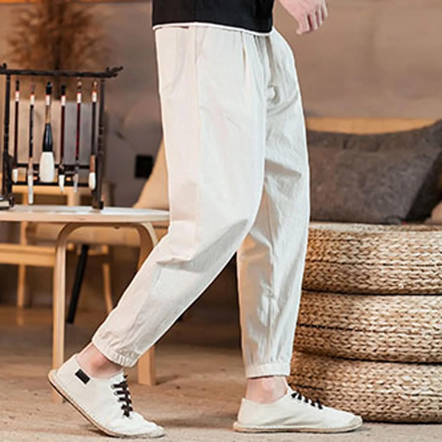Mens Classic Casual Pants Workout Athletic Pants Parachute Tapered Cotton Linen Sweatpants Hiking Jogger Fashion Pant