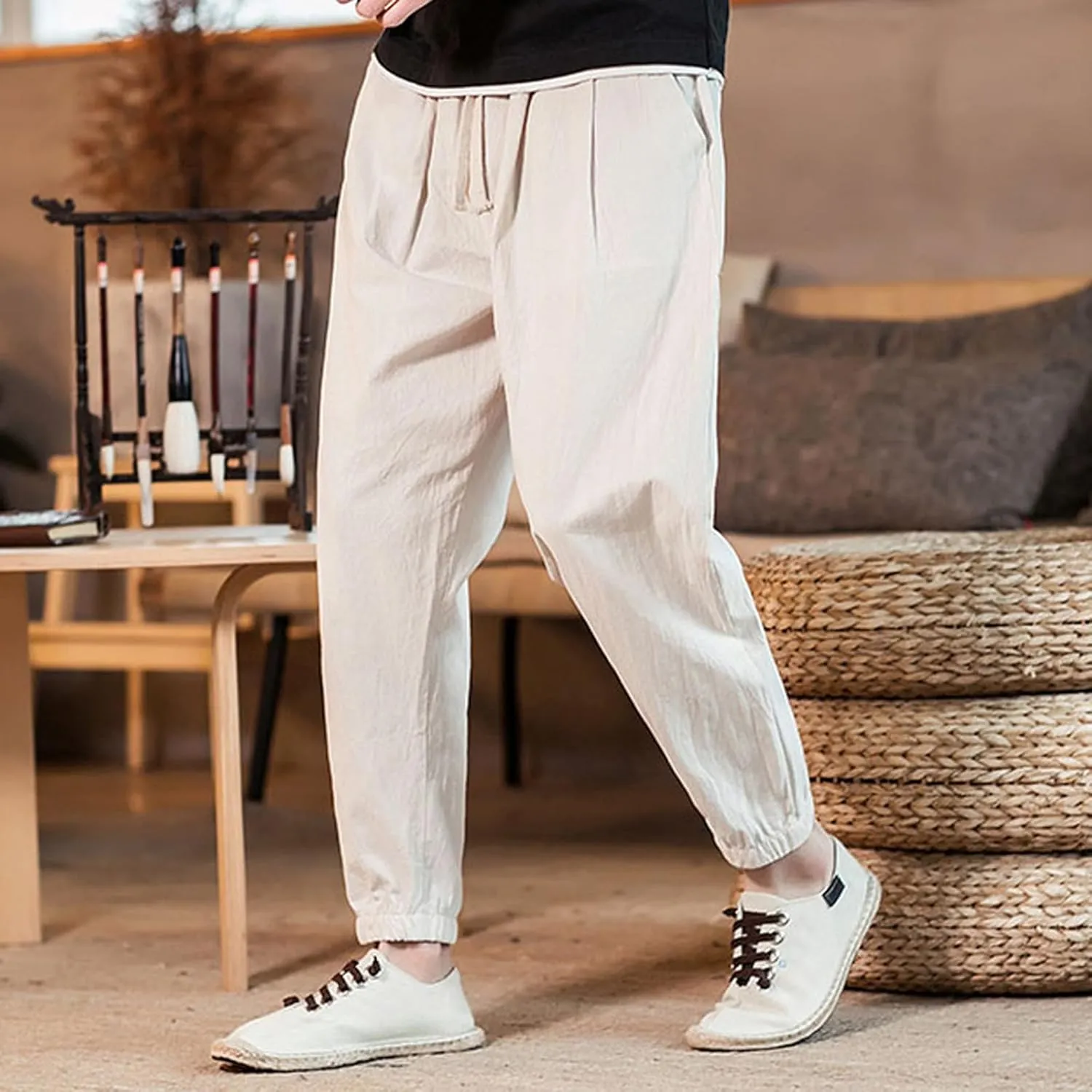 Mens Classic Casual Pants Workout Athletic Pants Parachute Tapered Cotton Linen Sweatpants Hiking Jogger Fashion Pant