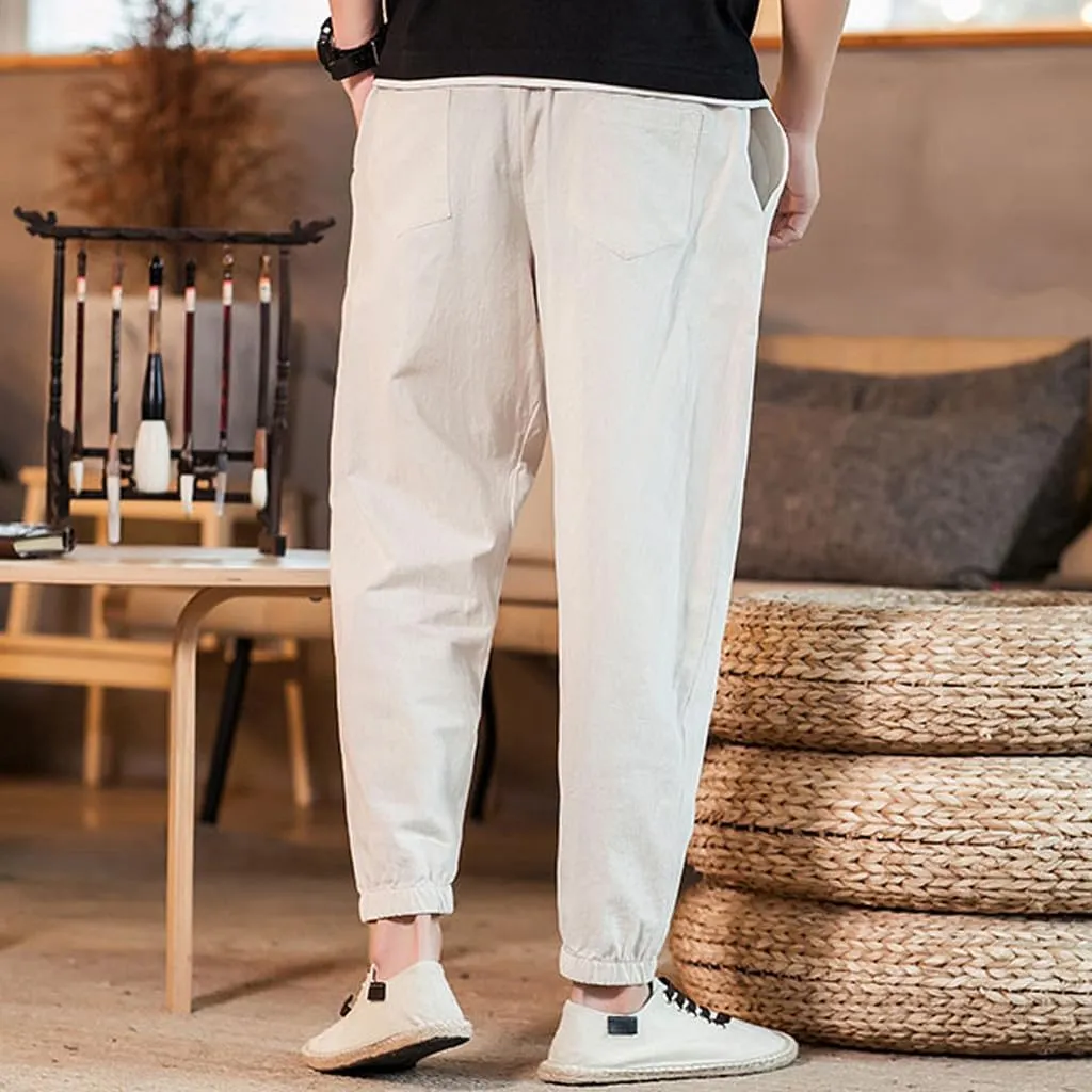 Mens Classic Casual Pants Workout Athletic Pants Parachute Tapered Cotton Linen Sweatpants Hiking Jogger Fashion Pant