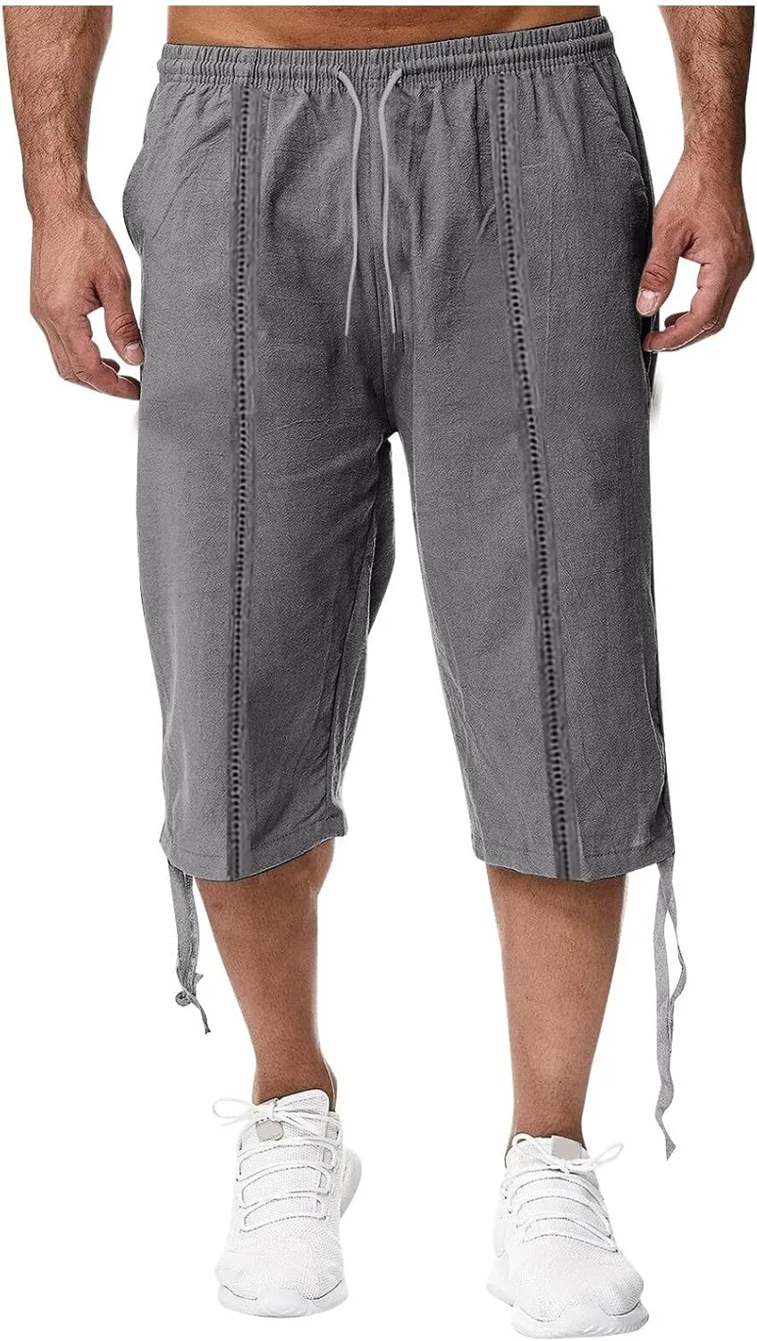 Mens Cotton and Linen Capri Pants Expandable Waist Drawstring Fashion Solid Cropped Pant Summer Loose Workout Jogger Trousers