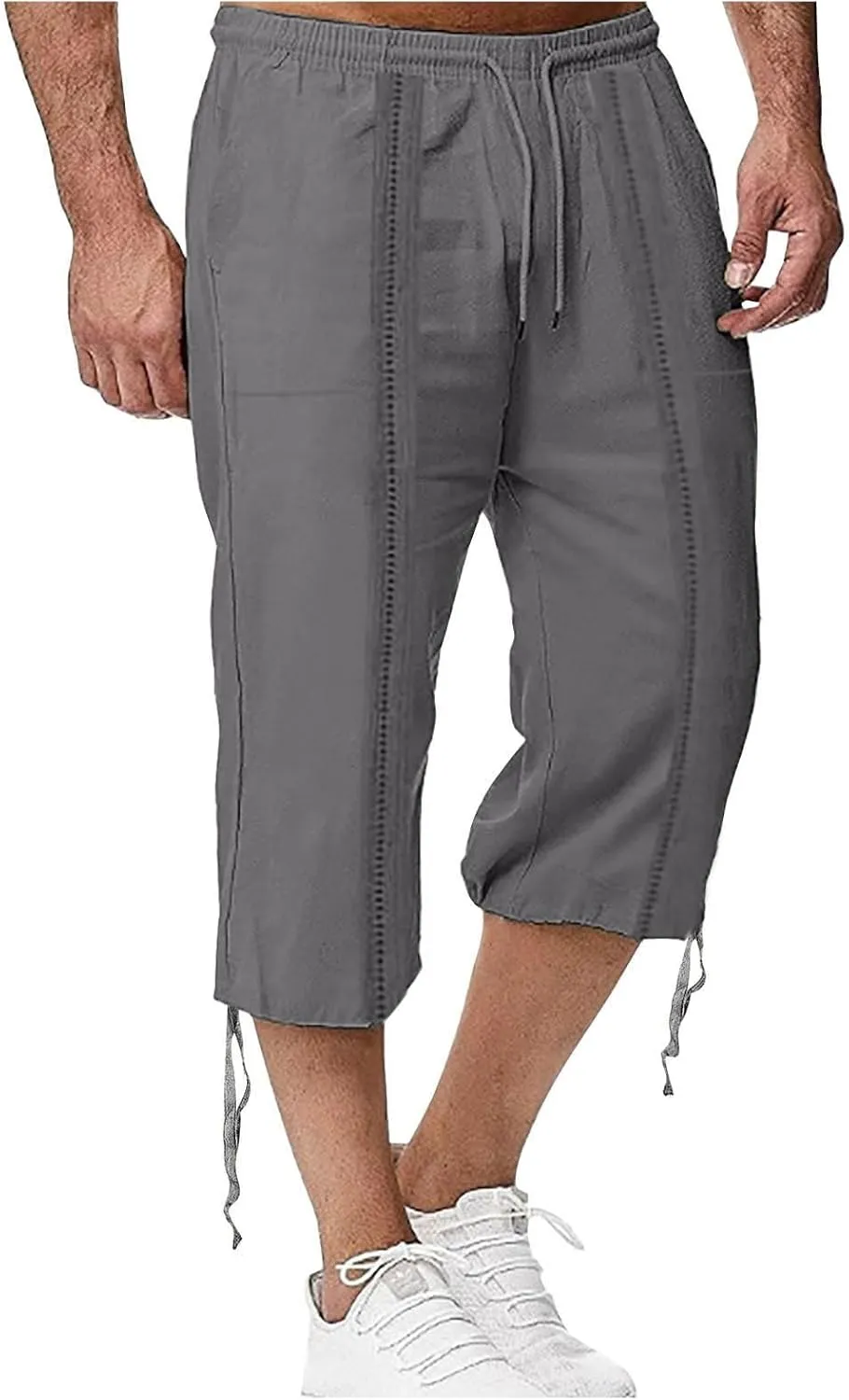 Mens Cotton and Linen Capri Pants Expandable Waist Drawstring Fashion Solid Cropped Pant Summer Loose Workout Jogger Trousers