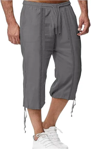 Mens Cotton and Linen Capri Pants Expandable Waist Drawstring Fashion Solid Cropped Pant Summer Loose Workout Jogger Trousers