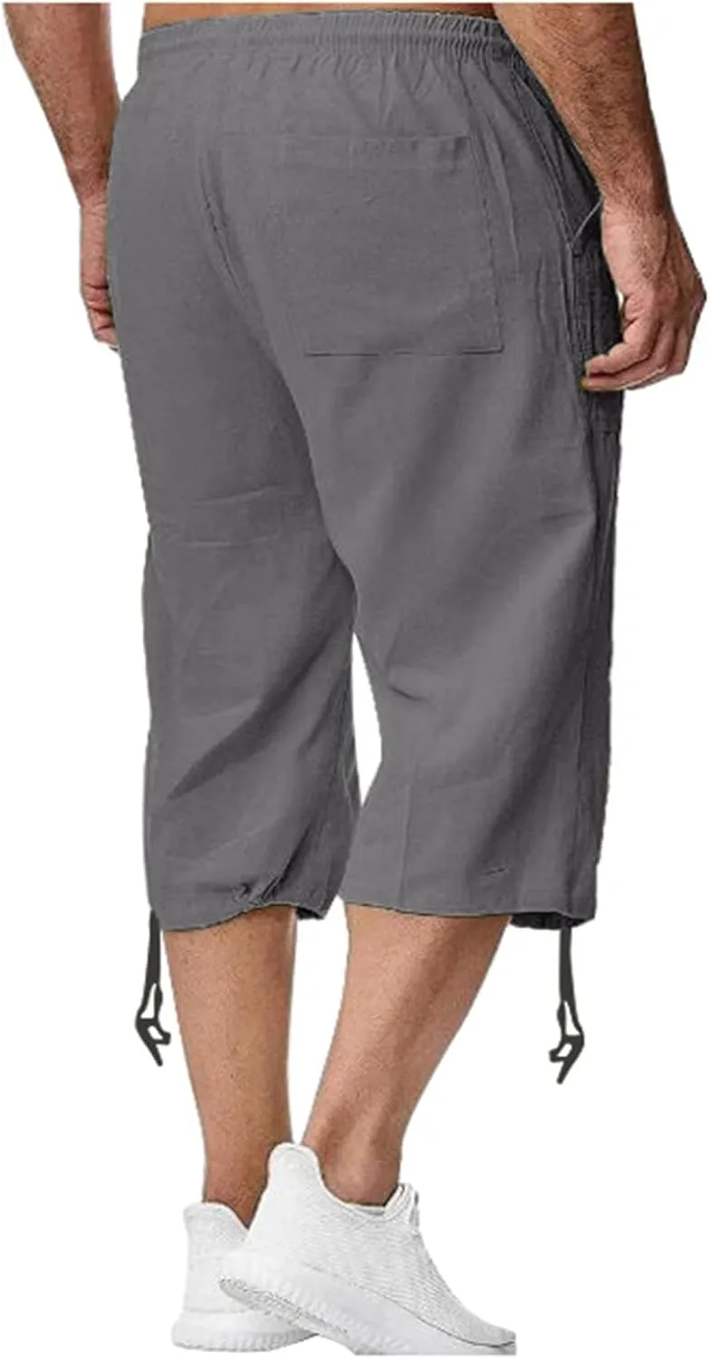 Mens Cotton and Linen Capri Pants Expandable Waist Drawstring Fashion Solid Cropped Pant Summer Loose Workout Jogger Trousers