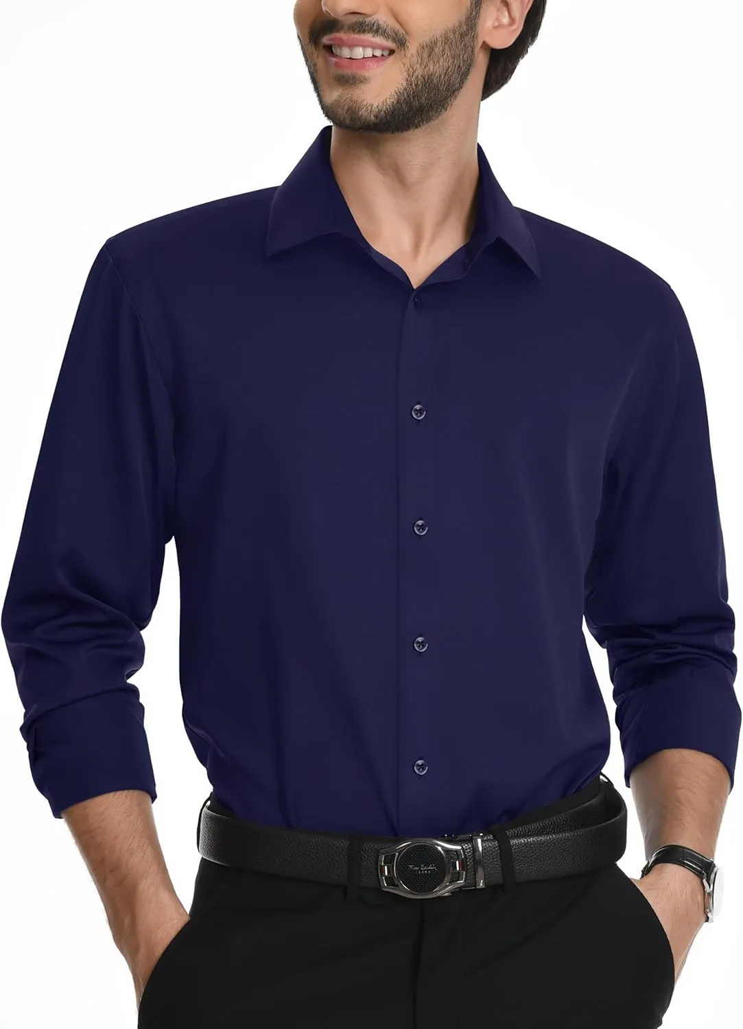 Mens Dress Shirts Long Sleeve Stretch Wrinkle Free Rgular Fit Formal Casual Wedding Prom Button Up Shirt