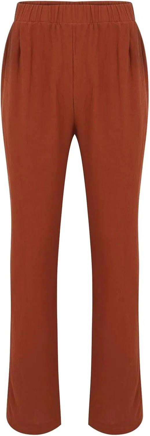 Mens Elastic High Waisted Trousers Cotton and Linen Lightweight Baggy Flowy Tapered Pants Combat Casual Yoga Dancing Capris
