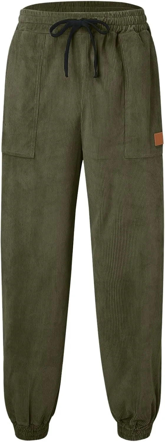 Mens Spring and Autumn Casual Thermal Corduroy Pants Drawstring High Waist Fashion Solid Trouser Elastic Tapered Sweatpants