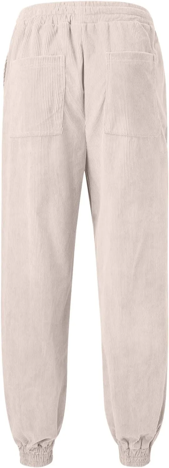 Mens Spring and Autumn Casual Thermal Corduroy Pants Drawstring High Waist Fashion Solid Trouser Elastic Tapered Sweatpants