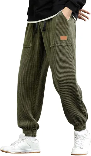 Mens Spring and Autumn Casual Thermal Corduroy Pants Drawstring High Waist Fashion Solid Trouser Elastic Tapered Sweatpants