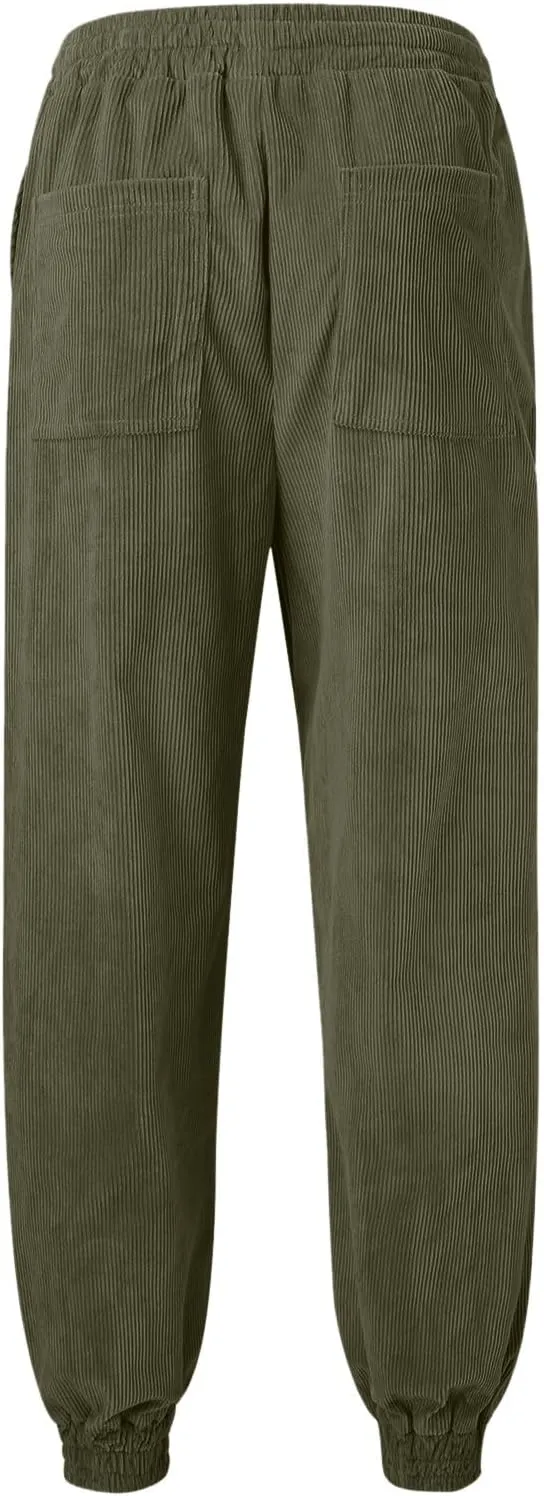 Mens Spring and Autumn Casual Thermal Corduroy Pants Drawstring High Waist Fashion Solid Trouser Elastic Tapered Sweatpants