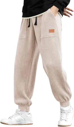 Mens Spring and Autumn Casual Thermal Corduroy Pants Drawstring High Waist Fashion Solid Trouser Elastic Tapered Sweatpants