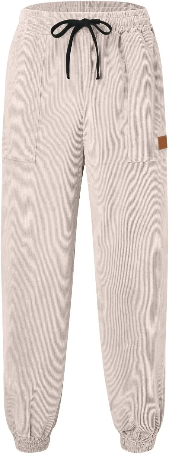 Mens Spring and Autumn Casual Thermal Corduroy Pants Drawstring High Waist Fashion Solid Trouser Elastic Tapered Sweatpants