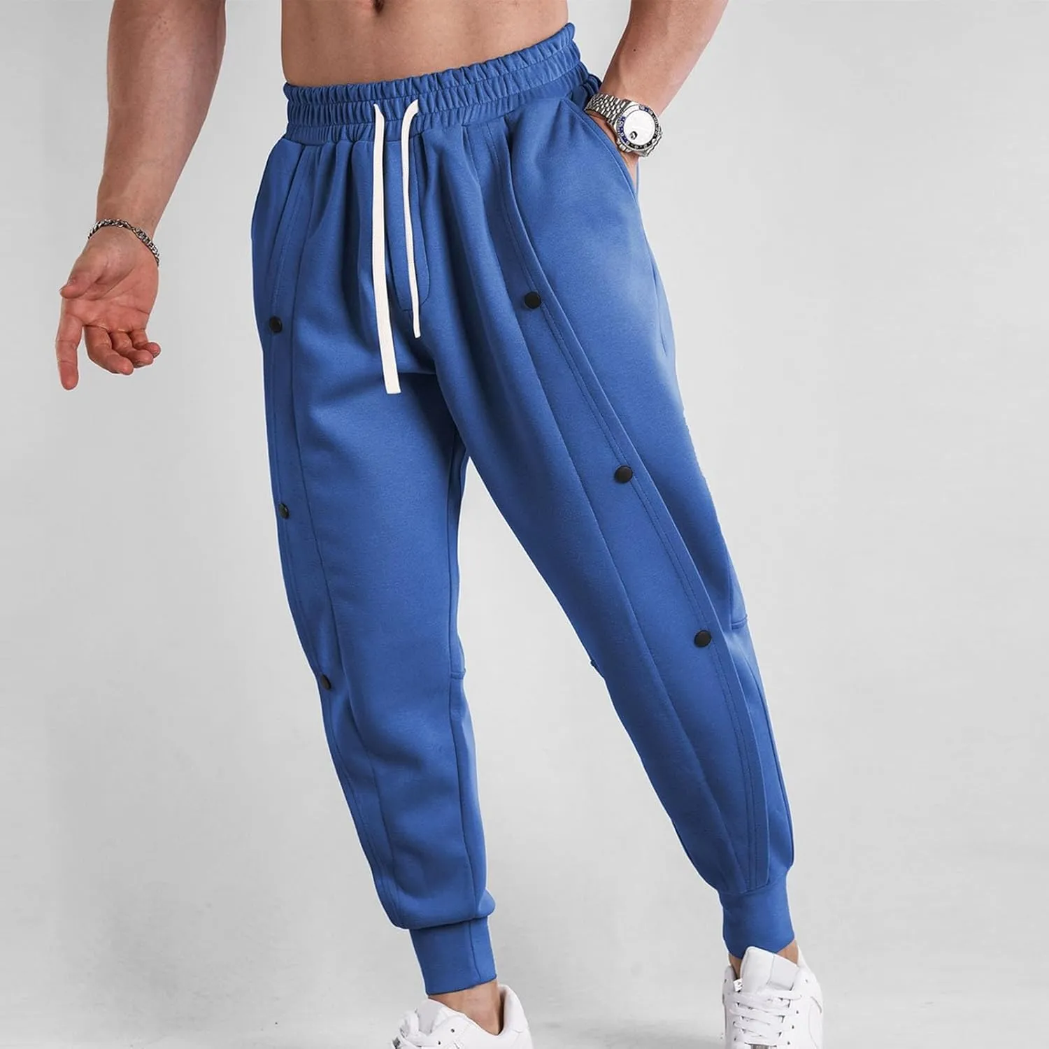 Mens Spring New Sweatpants Solid Color Drawstring Fashion Button Design Tapered Pant Tactical Holiday Outdoor Casual Trousers
