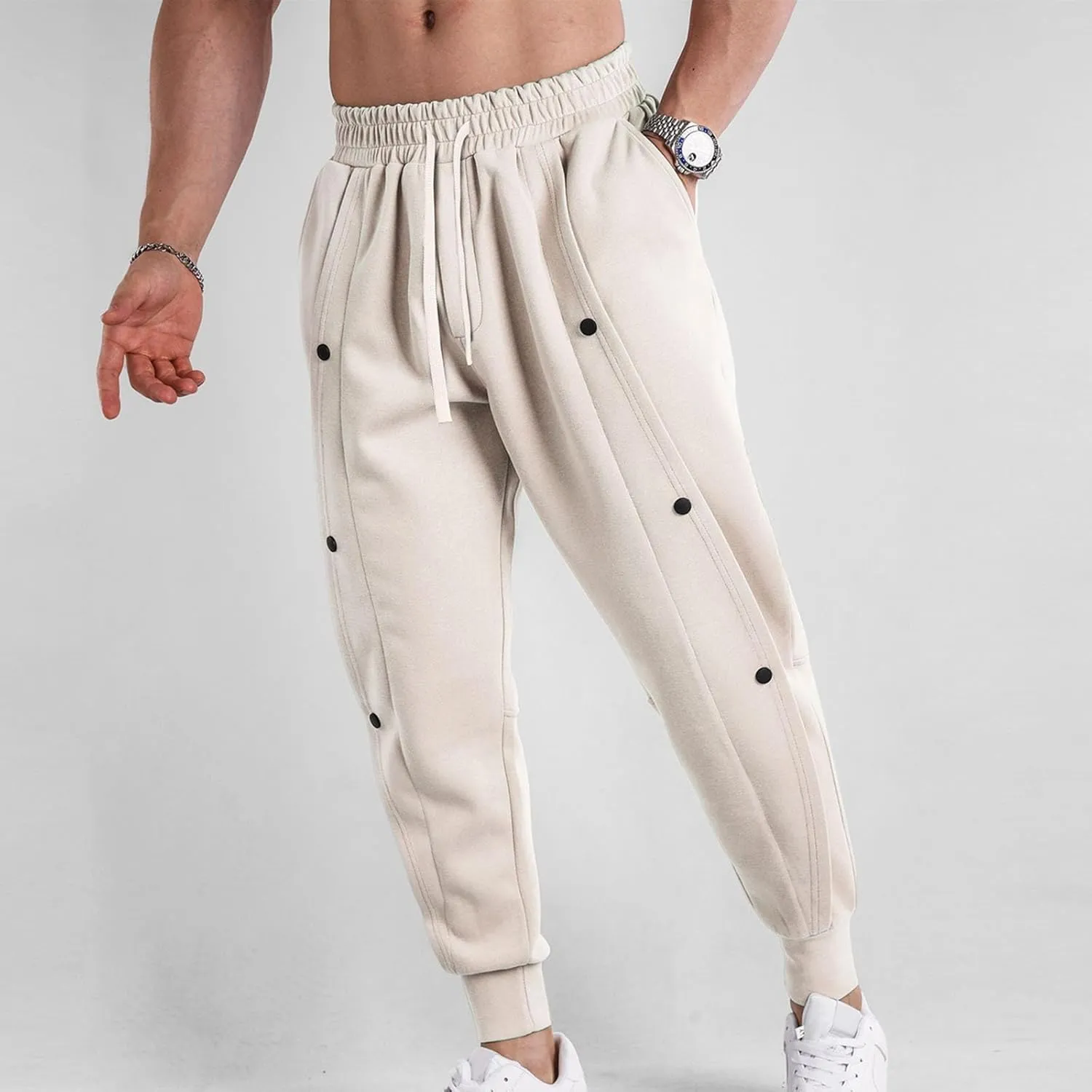 Mens Spring New Sweatpants Solid Color Drawstring Fashion Button Design Tapered Pant Tactical Holiday Outdoor Casual Trousers