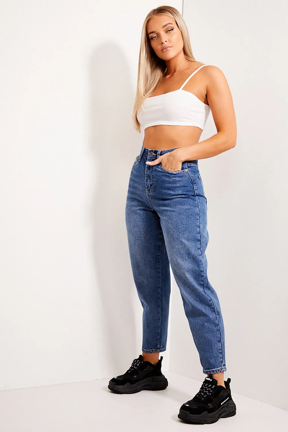 Mid Blue Distressed High Waisted Mom Jeans