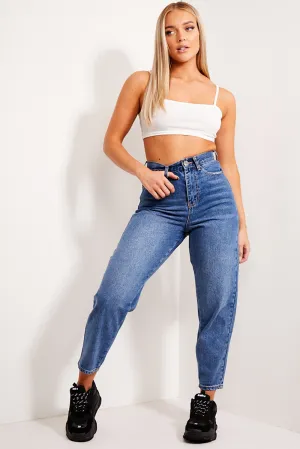 Mid Blue Distressed High Waisted Mom Jeans