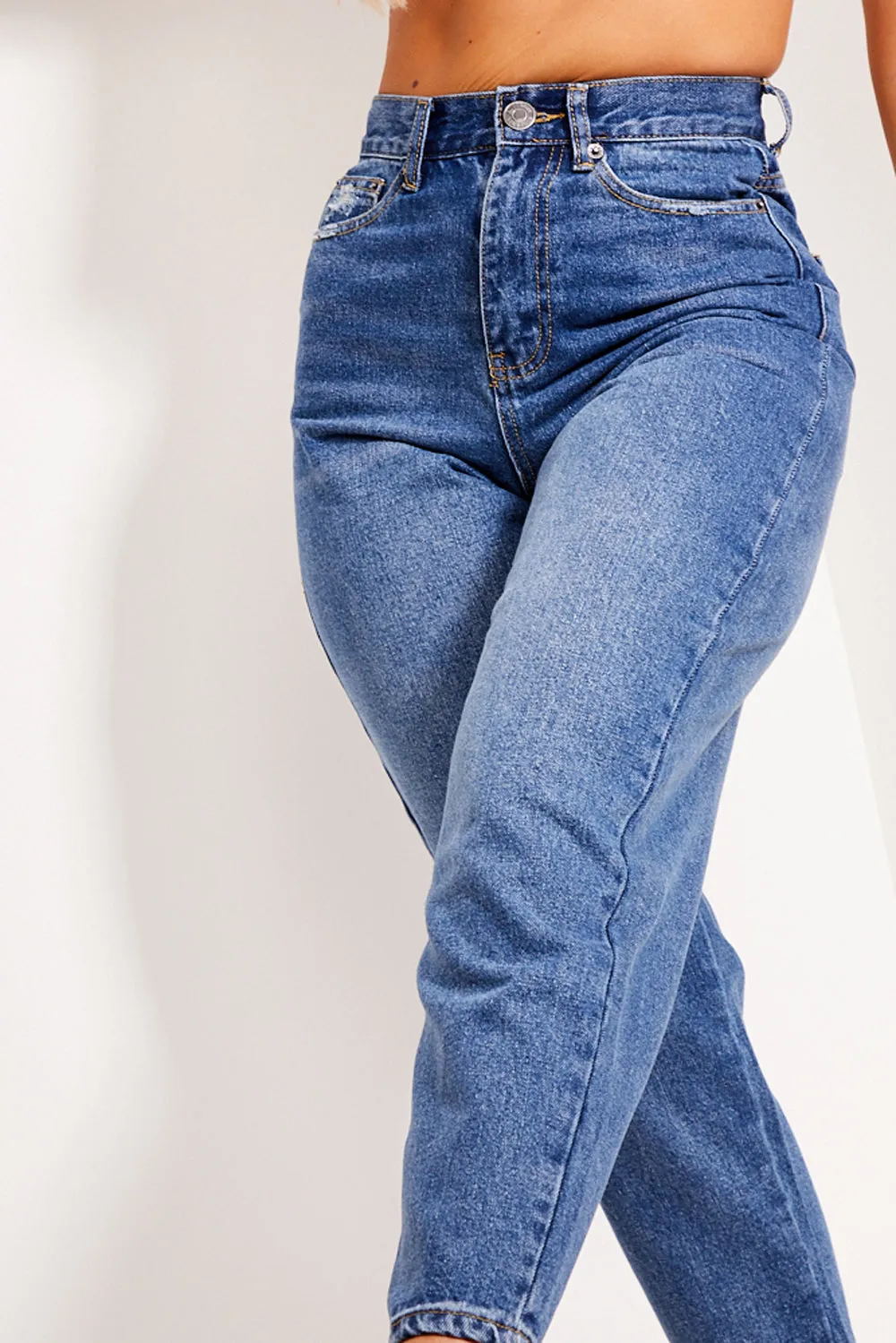 Mid Blue Distressed High Waisted Mom Jeans