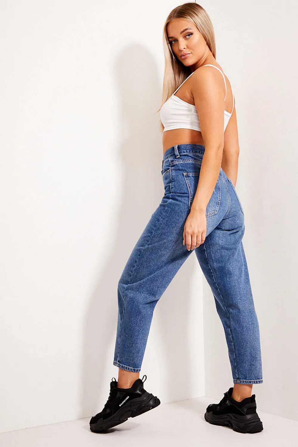 Mid Blue Distressed High Waisted Mom Jeans