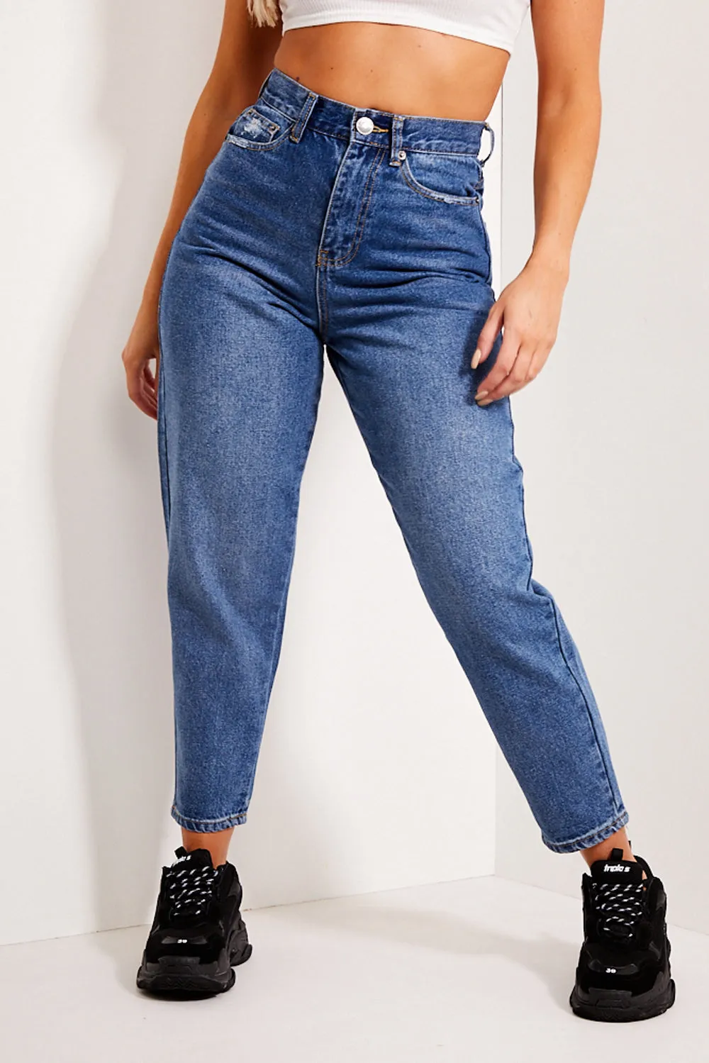 Mid Blue Distressed High Waisted Mom Jeans