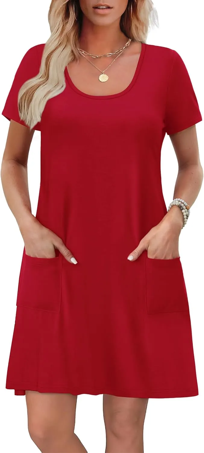 OFEEFAN Summer Dresses for Women 2025 Loose U Neck Short Sleeve Casual Beach Vacation Tshirt Dress Sundresses wih Pockets