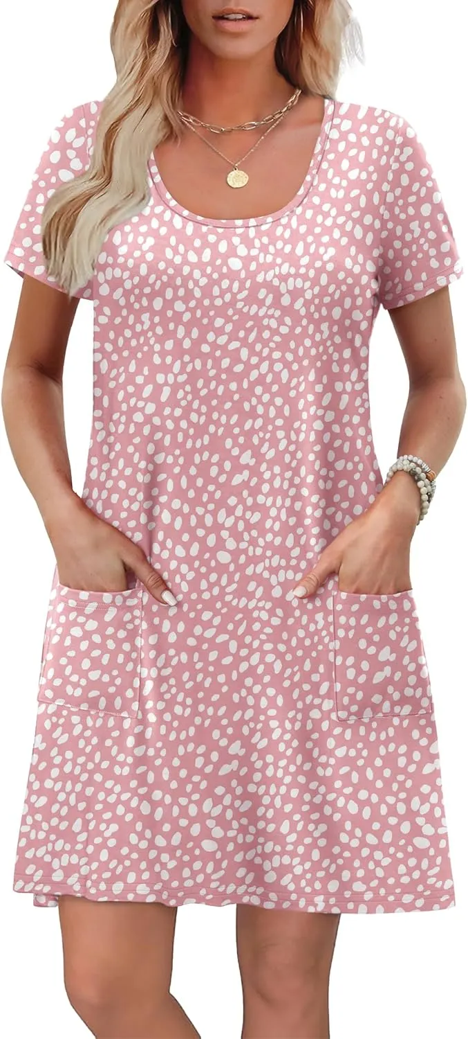 OFEEFAN Summer Dresses for Women 2025 Loose U Neck Short Sleeve Casual Beach Vacation Tshirt Dress Sundresses wih Pockets