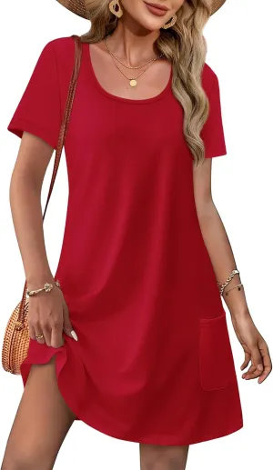 OFEEFAN Summer Dresses for Women 2025 Loose U Neck Short Sleeve Casual Beach Vacation Tshirt Dress Sundresses wih Pockets