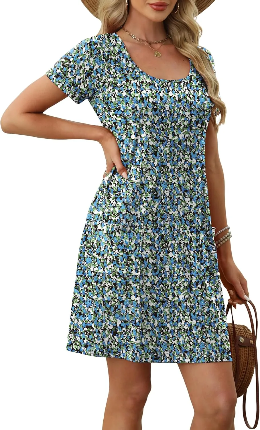 OFEEFAN Summer Dresses for Women 2025 Loose U Neck Short Sleeve Casual Beach Vacation Tshirt Dress Sundresses wih Pockets