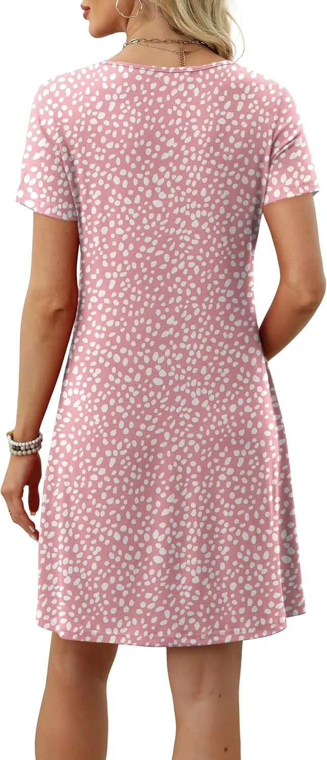 OFEEFAN Summer Dresses for Women 2025 Loose U Neck Short Sleeve Casual Beach Vacation Tshirt Dress Sundresses wih Pockets