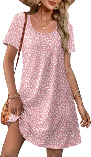 OFEEFAN Summer Dresses for Women 2025 Loose U Neck Short Sleeve Casual Beach Vacation Tshirt Dress Sundresses wih Pockets