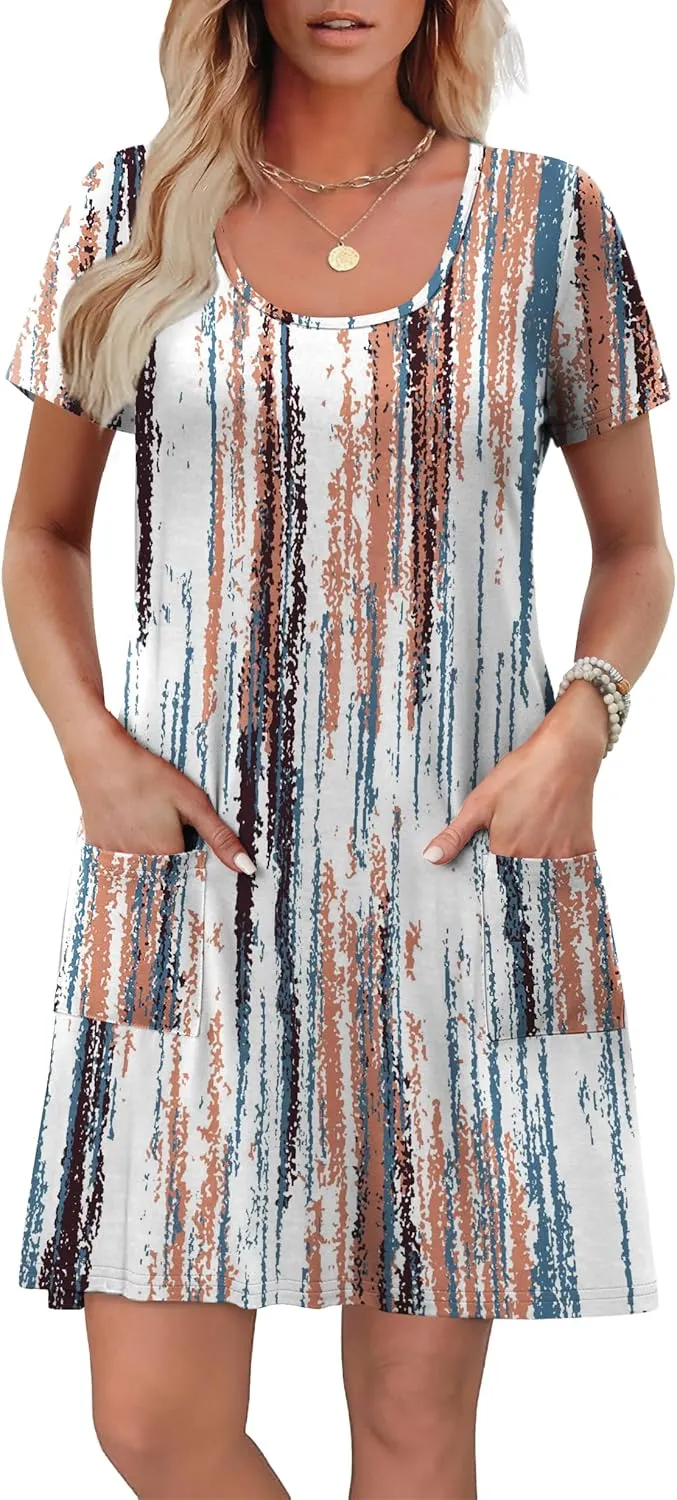 OFEEFAN Summer Dresses for Women 2025 Loose U Neck Short Sleeve Casual Beach Vacation Tshirt Dress Sundresses wih Pockets