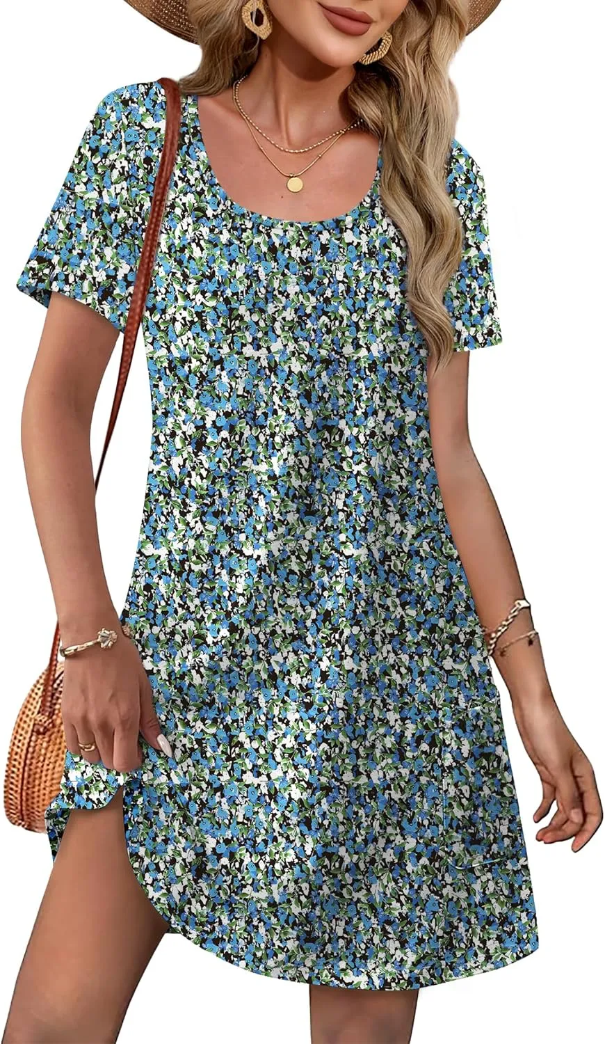 OFEEFAN Summer Dresses for Women 2025 Loose U Neck Short Sleeve Casual Beach Vacation Tshirt Dress Sundresses wih Pockets