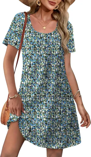OFEEFAN Summer Dresses for Women 2025 Loose U Neck Short Sleeve Casual Beach Vacation Tshirt Dress Sundresses wih Pockets