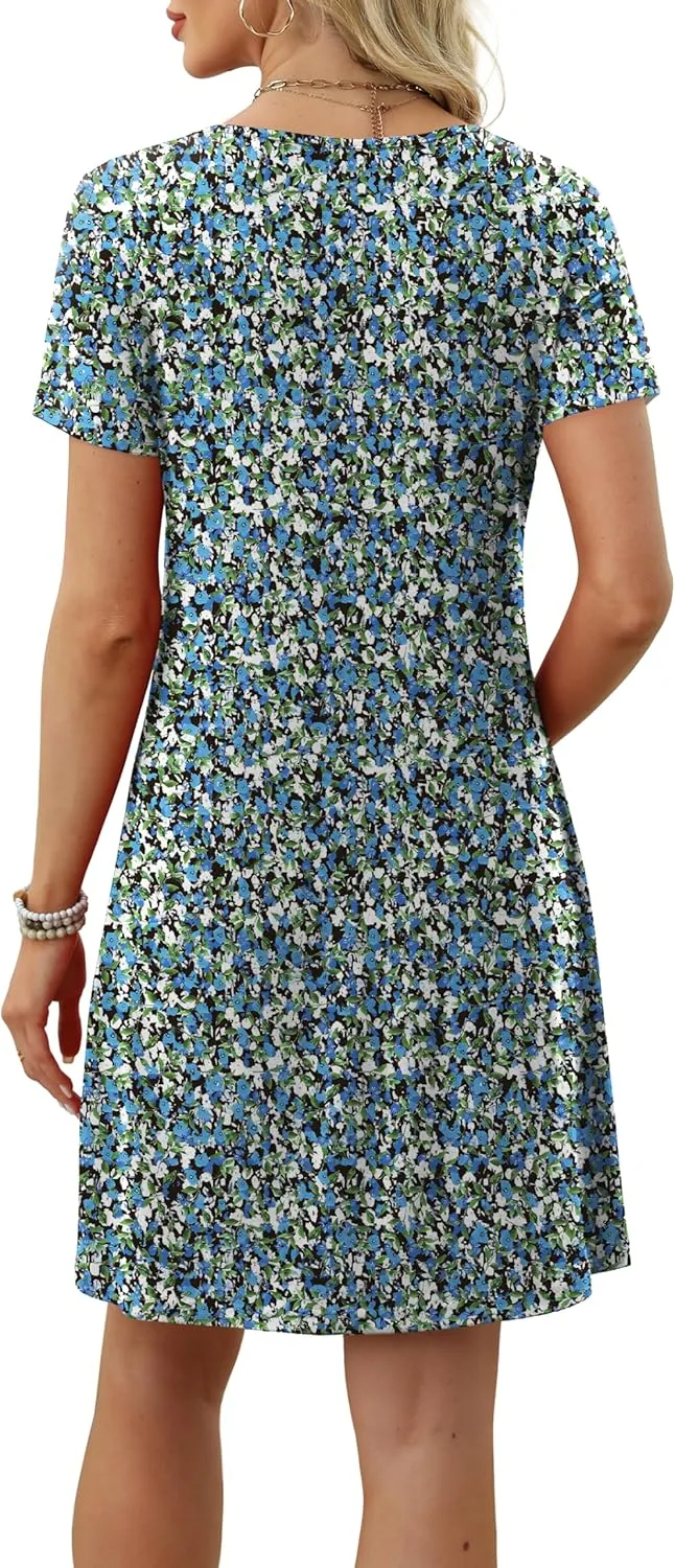 OFEEFAN Summer Dresses for Women 2025 Loose U Neck Short Sleeve Casual Beach Vacation Tshirt Dress Sundresses wih Pockets
