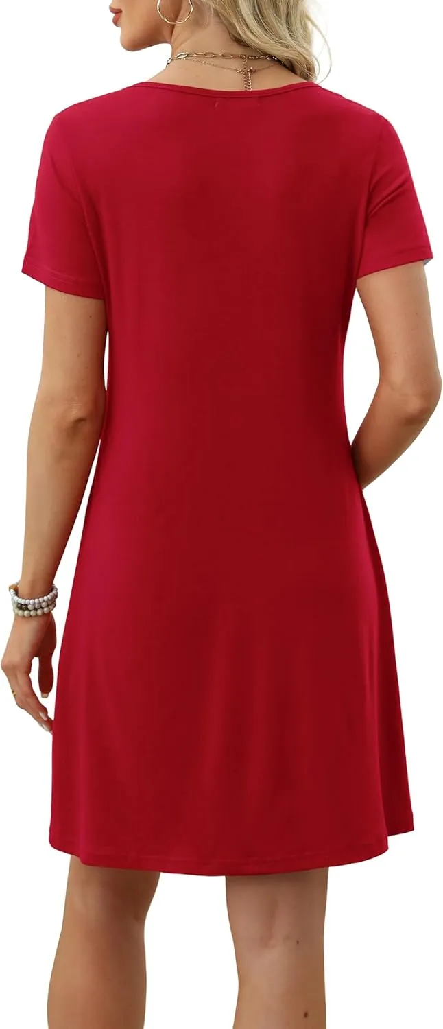 OFEEFAN Summer Dresses for Women 2025 Loose U Neck Short Sleeve Casual Beach Vacation Tshirt Dress Sundresses wih Pockets