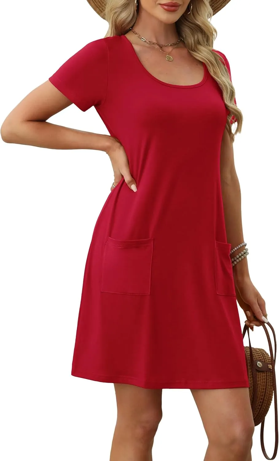 OFEEFAN Summer Dresses for Women 2025 Loose U Neck Short Sleeve Casual Beach Vacation Tshirt Dress Sundresses wih Pockets