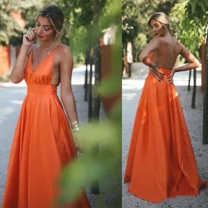 Orange Charming Spaghetti Strap Long Prom Dresses