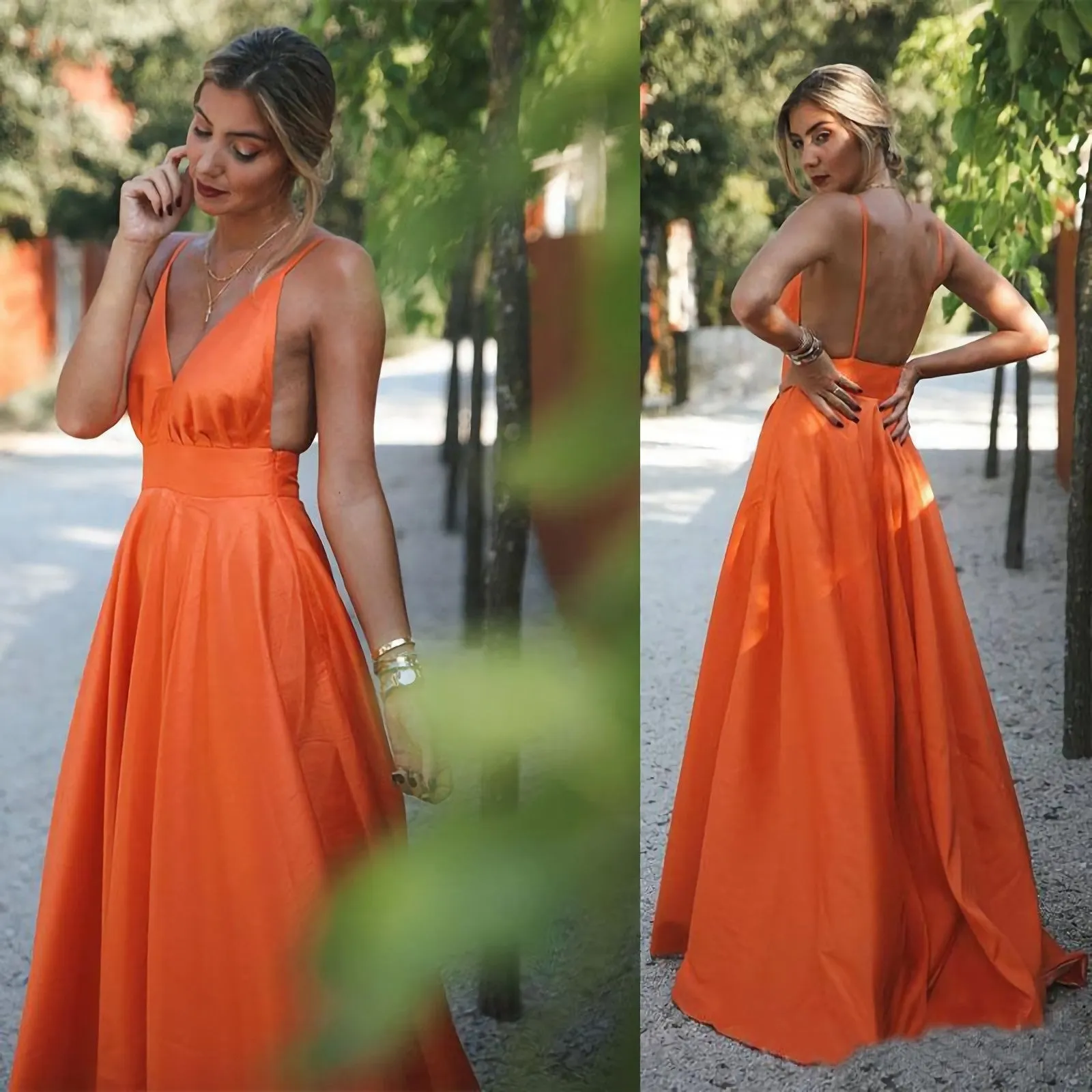 Orange Charming Spaghetti Strap Long Prom Dresses