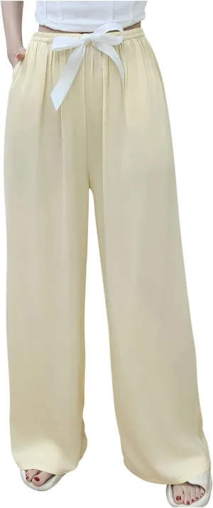Palazzo Pants for Women Casual Cotton Linen Wide Leg Pants Elastic Waist Trousers with Pockets Summer Beach Loungewear